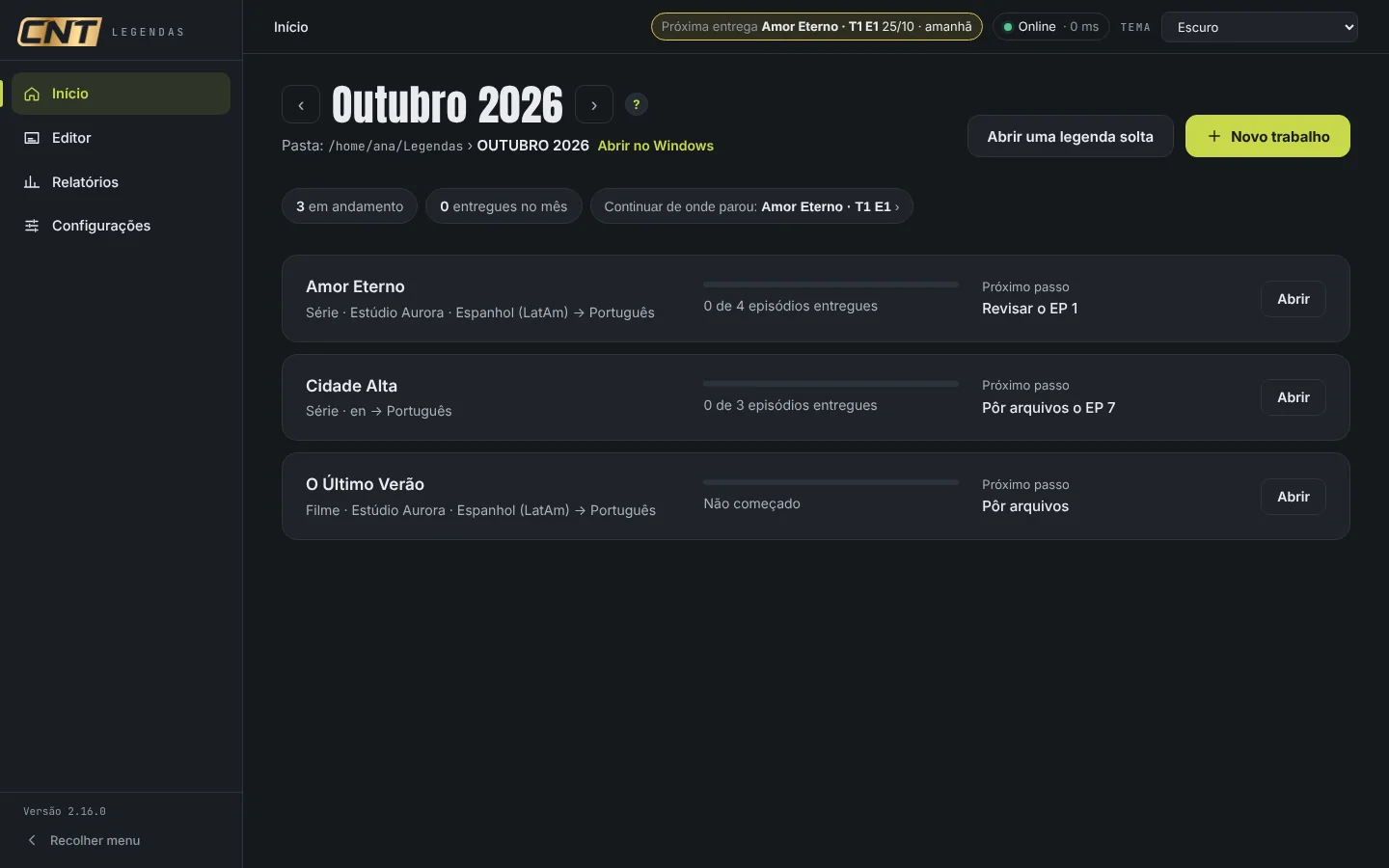 Tela inicial com os projetos do mês, o próximo passo de cada um e a próxima entrega